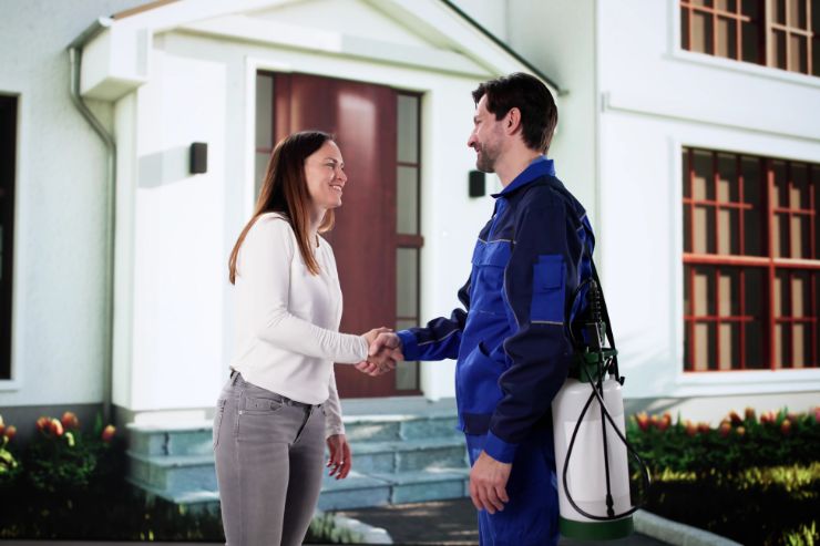 pest control expert meeting with customer at her home, shaking hands